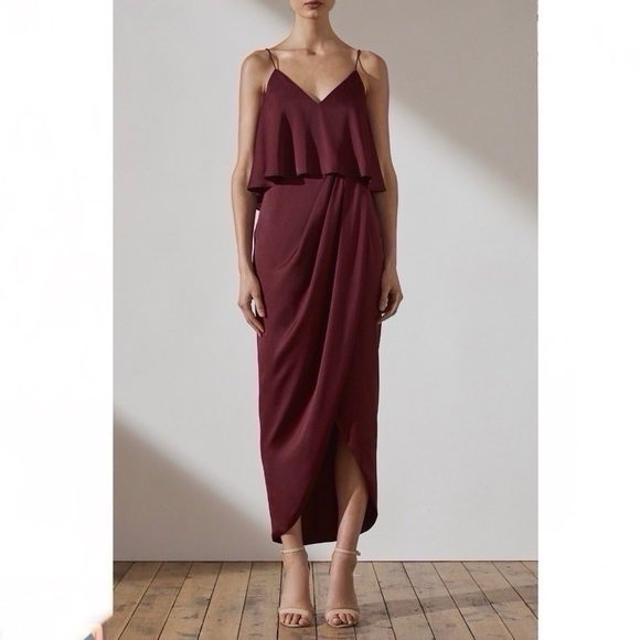 Shona Joy Luxe Cocktail Frill Dress Garnet Burgundy - Picture 2 of 8